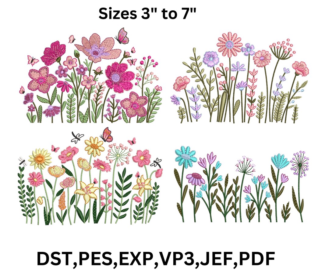 4 Wildflower Meadow Machine Embroidery Designs, Cottagecore Floral ...
