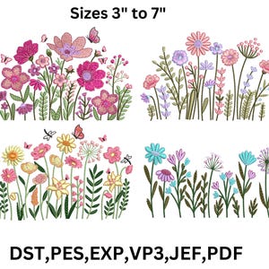 4 Wildblumen Wiese Maschinenstickerei, Cottagecore Wildblumen, Wildblumen Stickmuster, 9 Größen