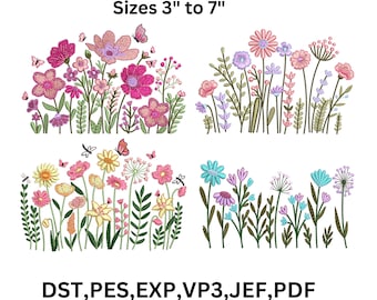 4 Wildflower Meadow Machine Embroidery Designs, Cottagecore Floral Pattern Bundle, 9 Sizes (Digital Download)