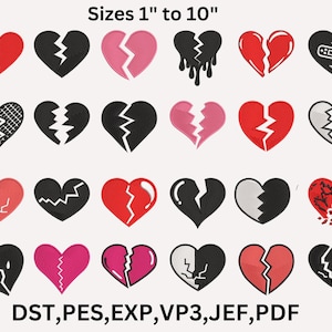 May include: Set of 16 embroidery designs of broken hearts in various colors and styles. The designs are available in sizes from 1 to 10 inches. The file formats included are DST, PES, EXP, VP3, JEF, and PDF.