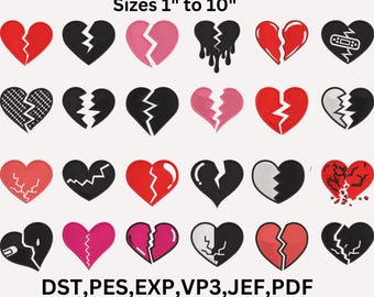 24 Broken Heart Embroidery Designs, Fill Stitch Pattern Bundle,  (20 Sizes) (Digital Download)