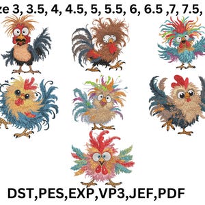 May include: Six embroidered designs of colorful roosters in various sizes, ranging from 3 to 8 inches. The designs are available in DST, PES, EXP, VP3, JEF, and PDF formats.