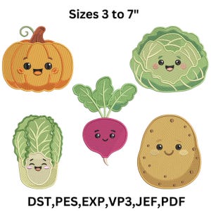 May include: Embroidered vegetable designs featuring a pumpkin, cabbage, radish, potato, and a leafy green vegetable. The text "Sizes 3 to 7"" is displayed above the vegetables. Below the vegetables, the text "DST, PES, EXP, VP3, JEF, PDF" is displayed.