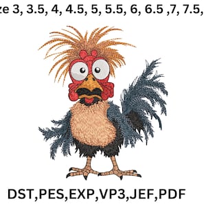 Puede incluir: Diseño bordado de un gallo de dibujos animados con cresta y barbilla rojas, ojos grandes y cola azul. El gallo tiene una expresión de sorpresa. El diseño está disponible en varios tamaños, de 3 a 8 pulgadas.