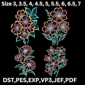 Puede incluir: Cuatro diseños de bordado de ramos de flores con flores rosas, naranjas y turquesa. Los diseños están disponibles en los tamaños 3, 3.5, 4, 4.5, 5, 5.5, 6, 6.5 y 7. Los formatos de archivo son DST, PES, EXP, VP3, JEF y PDF.