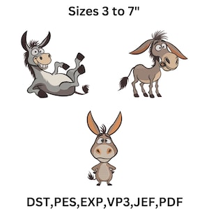Op de afbeelding: Drie cartoon ezel ontwerpen in verschillende poses. De ezels zijn in tinten grijs, bruin en bruin, met grote ogen en expressieve gezichten. De tekst bovenaan luidt "Sizes 3 to 7". De onderste tekst bevat "DST, PES, EXP, VP3, JEF, PDF".