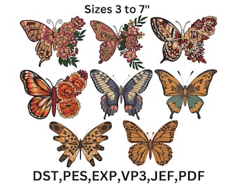 8 Floral Butterfly Embroidery Design Bundle, DST Embroidery Files , 9 Sizes (Digital Download)