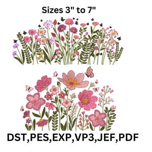Könnte beinhalten: Gestickte Blumendesigns mit rosa, lila und gelben Blumen, grünen Stielen und Schmetterlingen. Die Designs haben eine Größe von 7,6 cm bis 17,8 cm. Das Bild enthält auch die Dateiformate DST, PES, EXP, VP3, JEF und PDF.
