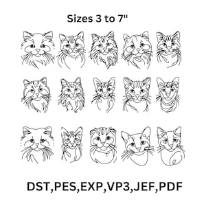 May include: Black and white line drawings of cat faces in various styles. The image includes the text "Sizes 3 to 7"" and file type abbreviations "DST, PES, EXP, VP3, JEF, PDF".