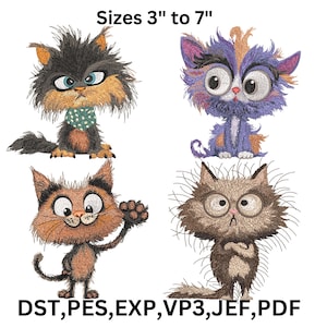 Può includere: Quattro disegni di gatti dei cartoni animati, da 7,6 a 17,8 cm. I gatti hanno occhi espressivi e motivi di pelliccia unici. Un gatto indossa una bandana verde. Il testo "Sizes 3" to 7"" e le abbreviazioni del tipo di file sono inclusi.