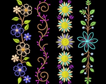 May include: Embroidered floral designs in various styles, including sunflowers, vines, and detailed flower arrangements. The designs are in shades of yellow, blue, purple, and green, with the text "SIZES 3 TO 7"" and file formats listed below.