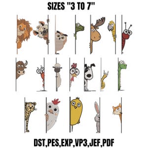 Peut inclure: Une collection de motifs de broderie d'animaux en dessin animé incluant lion, hyène, hibou, lézard, orignal, perroquet, insecte, taureau, crabe, mouton, poulet, chien, escargot, dinosaure, léopard, oiseau, lapin et renard, avec SIZES 3 TO 7.