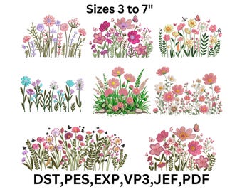 8 Wildflower Meadow Machine Embroidery Designs, 9 Sizes (Instant Download)