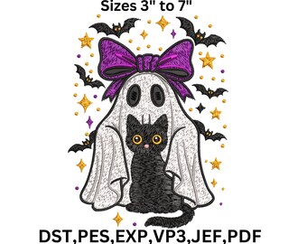 Ghost Cat Embroidery Design, Halloween Stitch Pattern (Digital Download