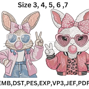 May include: Two embroidered designs of cute bunnies wearing sunglasses and pink jackets. The bunny on the left is wearing a blue denim skirt and has a pink bow in its hair. The bunny on the right is wearing a pink jacket with a leopard print and has a pink bow with white polka dots in its hair. The text "Size 3, 4, 5, 6, 7" is at the top of the image. The text "EMB, DST, PES, EXP, VP3, JEF, PDF" is at the bottom of the image.