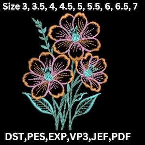 May include: Embroidered design of three pink and orange flowers with teal green stems and leaves. The design is available in sizes 3, 3.5, 4, 4.5, 5, 5.5, 6, 6.5, and 7. The file formats available are DST, PES, EXP, VP3, JEF, and PDF.