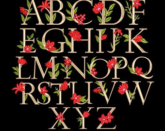 Red Floral Alphabet Embroidery Design, A-Z Font 1.5 to 4 Sizes  Machine Embroidery File, Dst Pes Jef vp3 Exp, Instant Download