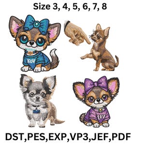 May include: Four embroidered iron-on patches of chihuahua dogs in various poses. The dogs are wearing blue, purple, and grey clothing. The patches are available in sizes 3, 4, 5, 6, 7, and 8. The text "KOV" is on two of the patches. The text "DST, PES, EXP, VP3, JEF, PDF" is at the bottom of the image.