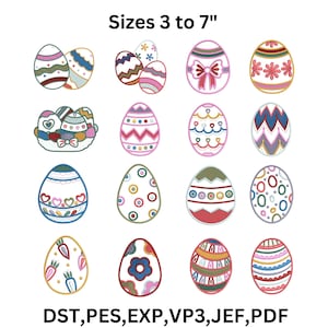 以下が含まれることがあります： ストライプ、花、リボンなど、さまざまなパターンを持つカラフルなイースターエッグのデザインのコレクション。「Sizes 3 to 7"」の文字が卵の上に表示され、ファイル形式のDST、PES、EXP、VP3、JEF、PDFが下にリストされています。