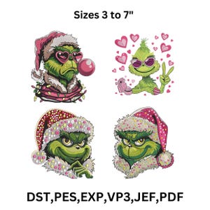 May include: Four Grinch-themed designs. The Grinch is depicted in various poses, wearing a Santa hat and sunglasses, and surrounded by hearts. The text "Sizes 3 to 7"" is at the top, and "DST, PES, EXP, VP3, JEF, PDF" is at the bottom.