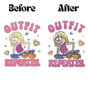 May include: A comparison graphic showing a cartoon character with blonde hair and a flower crown, wearing a pink top and blue pants, sitting with the text OUTFIT REPEATER in pink. The left side is a flat illustration, the right side is an embroidery design.
