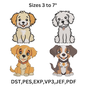 Puede incluir: Cuatro diseños de cachorros bordados en varios colores, incluyendo beige, blanco y marrón. Los diseños son de estilo caricatura, con tamaños que van de 7,6 a 17,8 cm. La imagen también incluye información sobre el formato de archivo.