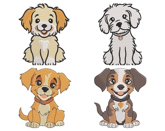 4 Dog Bundle Embroidery Design, Machine Embroidery File, 9 Sizes, Instant Download