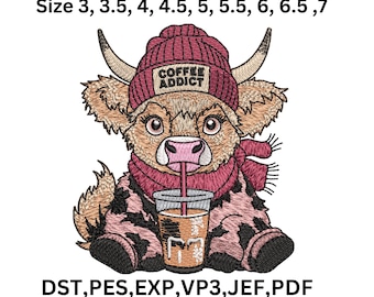 Baby Highland Cow Embroidery Design, Coffee Addict Cow, 9 Sizes (Digital Download)