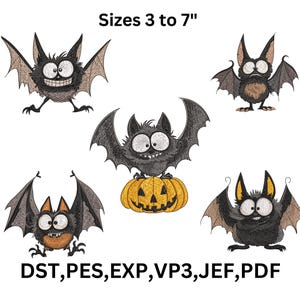 May include: A collection of five cartoon bat designs with varying expressions and poses. The bats range in size from 3 to 7 inches. The image includes the text "Sizes 3 to 7" and file type abbreviations.