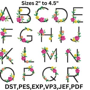 Alfabeto bordado floral, bordado com letras maiúsculas florais, padrão de bordado do alfabeto floral, bordado do alfabeto floral de A a Z, 6 tamanhos