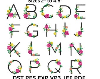 Floral Alphabet Machine Embroidery Pattern,  A to Z Capital Letters 6 Sizes Machine Embroidery File, Dst Pes Jef vp3 Exp,Instant Download