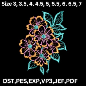 Puede incluir: Diseño bordado de un ramo de flores rosas y naranjas con hojas azul verdosas. El diseño está disponible en tamaños de 3 a 7 pulgadas.
