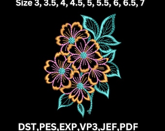 3D Flowers Embroidery Design, Floral Machine Pattern,  (9 Sizes) (Digital Download)