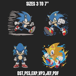 May include: Four embroidered patches featuring Sonic the Hedgehog in various action poses. The patches are blue and yellow with red and white accents. Text at the top reads "SIZES 3 TO 7" and at the bottom "DST, PES, EXP, VP3, JEF, PDF".