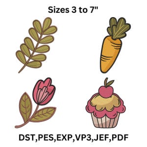 Peut inclure: Quatre motifs brodés : une branche feuillue, une carotte, une tulipe et un cupcake avec une cerise. Le texte indique "Tailles 3 à 7 pouces" et répertorie les formats de fichiers. Les motifs sont de différentes couleurs, dont le vert, l'orange, le rose et le marron.