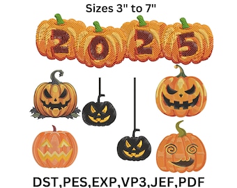 Pumpkin Embroidery Design Bundle, Halloween Machine Embroidery File, Dst Pes Jef vp3 Exp,  9 Sizes, Instant Download