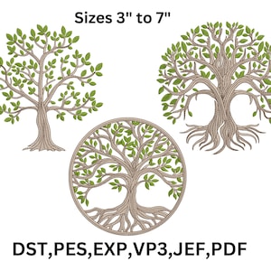 以下が含まれることがあります： 緑の葉と茶色の幹を持つ3つの刺繍された木のデザイン。 デザインには、丸い王冠の木、円の中の木、より開いた形の木が含まれます。 サイズは7.6〜17.8cmです。