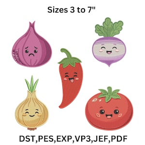 Może przedstawiać: Wzory haftowanych warzyw, w tym czerwona cebula, papryka chili, rzepa, cebula i pomidor, każdy z uśmiechniętą twarzą. Tekst "Sizes 3 to 7"" jest wyświetlany nad warzywami. Obraz zawiera również formaty plików DST, PES, EXP, VP3, JEF i PDF.