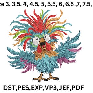 May include: A colorful embroidered design of a rooster with a crazy, multi-colored mohawk. The rooster is blue, yellow, red, green, and purple. The design is available in sizes 3 to 8 inches.
