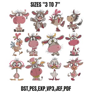 Può includere: Una collezione di dodici disegni ricamati di animali dei cartoni animati, tra cui mucche, polli, una capra e un asino, con vari accessori come occhiali e cappelli. Il testo SIZES 3 TO 7 e i formati DST, PES, EXP, VP3, JEF, PDF sono visibili.