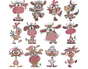 Funny Animal Embroidery Designs Bundle, Machine Embroidery Files, 9 Sizes (Instant Download)