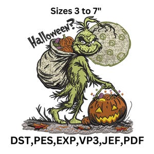 May include: An embroidered design featuring a green creature carrying a sack of pumpkins and a jack-o'-lantern. The text "Halloween?" is above the creature. The design is available in sizes 3 to 7 inches.
