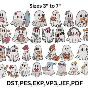 28 motif de broderie fantôme mignon, fichier numérique de broderie Halloween, motif de point fantôme effrayant, lot de broderies Halloween, 9 tailles
