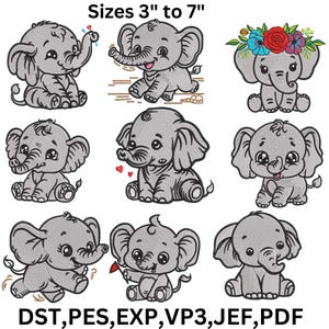 Baby Elephant Embroidery Designs: Safari Animal Bundle (9 Sizes) (Digital Download)