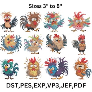 May include: Twelve embroidered rooster designs in various colours and styles. The roosters range in size from 7.6 to 20.3 cm. The image includes the text "Sizes 3" to 8"" and file type abbreviations "DST, PES, EXP, VP3, JEF, PDF".