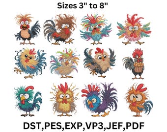 Crazy Chicken Embroidery Design, Farmhouse Machine File (9 Sizes) (PDF)
