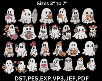 28 diseños de bordado de fantasmas Boo, patrones de puntadas de Halloween (9 tamaños, descarga digital)