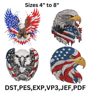 Op de afbeelding: Vier geborduurde adelaarsontwerpen in rood, wit, blauw en bruin. De ontwerpen omvatten een hele adelaar met uitgespreide vleugels, twee adelaarskoppen en een adelaarskop met een patriottisch vlagontwerp. Maten van 10,16 tot 20,32 cm.