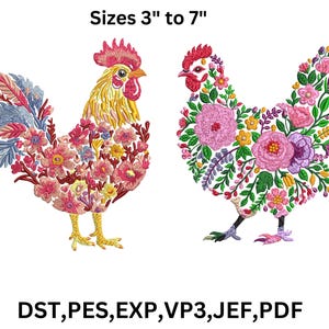 2 Floral Chicken Machine Embroidery Design, Chicken Embroidery pattern, Floral Chicken, Floral Rooster Embroidery Design, 9 Sizes