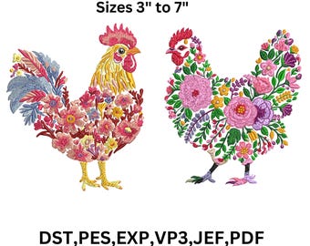 Floral Chicken Machine Embroidery Design,  Farm Animal (9 Sizes, Digital Download)
